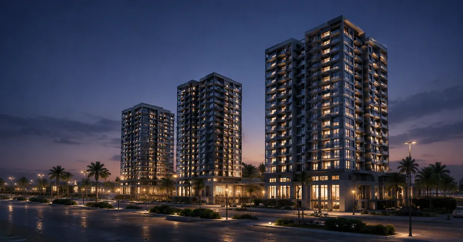 Alacakaranlıkta ışıkları yanan modern yüksek katlı konut kuleleri
