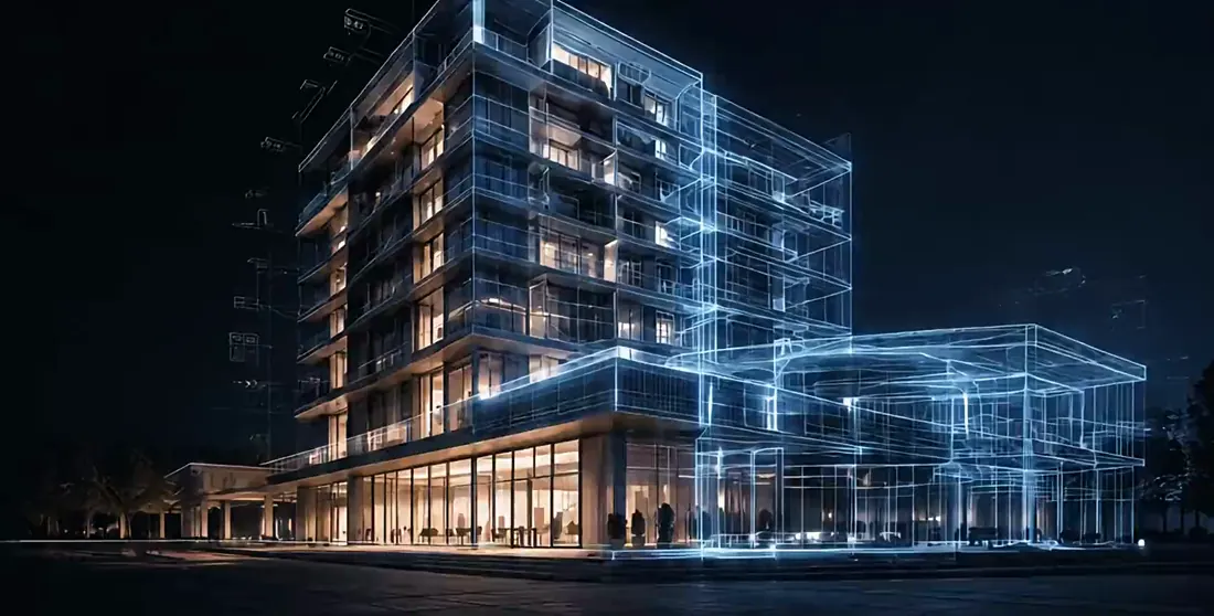 Yarısı gerçek render, yarısı wireframe dijital ikiz olarak gösterilen modern bina